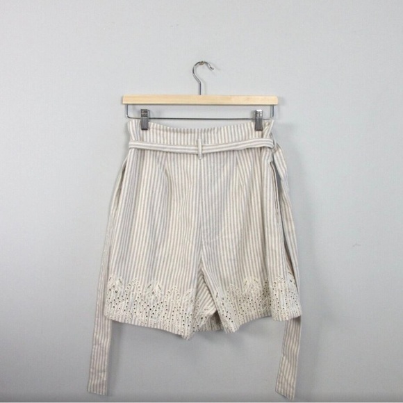 Johnny Was Jade Ciana Paper Bag Short Women L Beige Stripe Linen Cotton Belt 261 - Picture 2 of 10